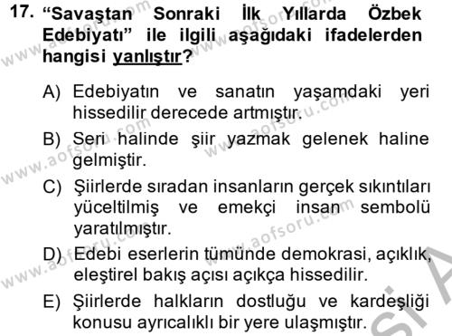 Çağdaş Türk Edebiyatları 2 Dersi 2014 - 2015 Yılı (Vize) Ara Sınavı 17. Soru