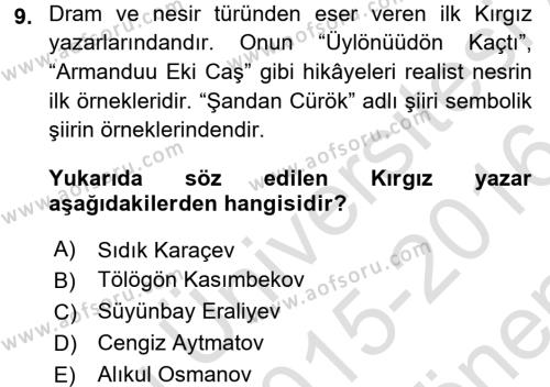 Çağdaş Türk Edebiyatları 2 Dersi 2015 - 2016 Yılı (Final) Dönem Sonu Sınavı 9. Soru