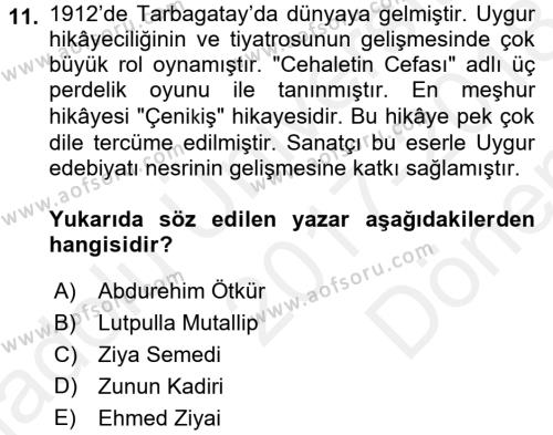 Çağdaş Türk Edebiyatları 2 Dersi 2017 - 2018 Yılı (Final) Dönem Sonu Sınavı 11. Soru