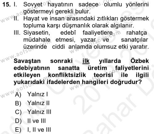 Çağdaş Türk Edebiyatları 2 Dersi 2018 - 2019 Yılı (Vize) Ara Sınavı 15. Soru