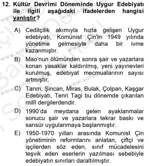 Çağdaş Türk Edebiyatları 2 Dersi 2018 - 2019 Yılı (Final) Dönem Sonu Sınavı 12. Soru