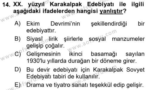 Çağdaş Türk Edebiyatları 2 Dersi 2018 - 2019 Yılı (Final) Dönem Sonu Sınavı 14. Soru