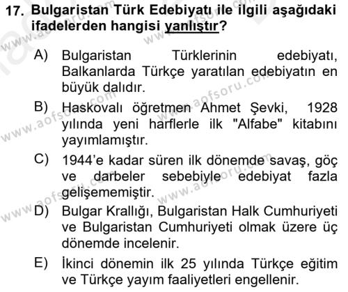 Çağdaş Türk Edebiyatları 2 Dersi 2018 - 2019 Yılı (Final) Dönem Sonu Sınavı 17. Soru