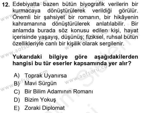 Cumhuriyet Dönemi Türk Nesri Dersi 2017 - 2018 Yılı (Final) Dönem Sonu Sınavı 12. Soru