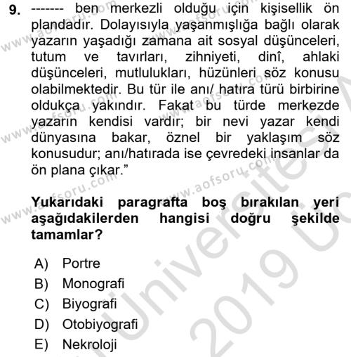 Cumhuriyet Dönemi Türk Nesri Dersi 2018 - 2019 Yılı 3 Ders Sınavı 9. Soru