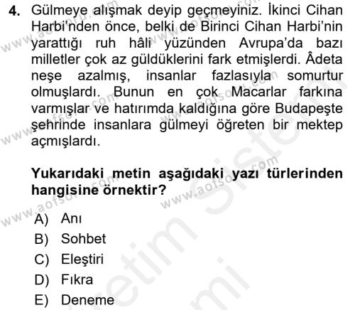 Cumhuriyet Dönemi Türk Nesri Dersi 2018 - 2019 Yılı (Final) Dönem Sonu Sınavı 4. Soru