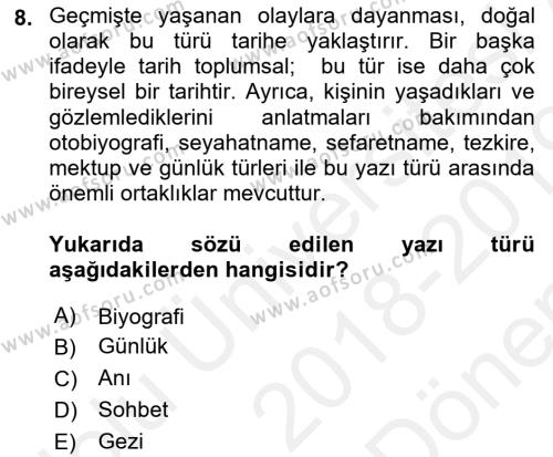 Cumhuriyet Dönemi Türk Nesri Dersi 2018 - 2019 Yılı (Final) Dönem Sonu Sınavı 8. Soru