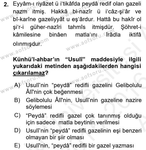 Eski Türk Edebiyatının Kaynaklarından Şair Tezkireleri Dersi 2015 - 2016 Yılı (Vize) Ara Sınavı 2. Soru