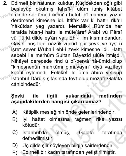Eski Türk Edebiyatının Kaynaklarından Şair Tezkireleri Dersi 2015 - 2016 Yılı (Final) Dönem Sonu Sınavı 2. Soru