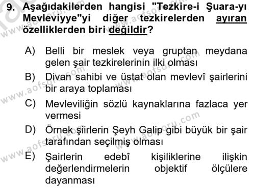 Eski Türk Edebiyatının Kaynaklarından Şair Tezkireleri Dersi 2015 - 2016 Yılı (Final) Dönem Sonu Sınavı 9. Soru