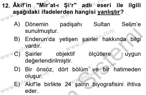 Eski Türk Edebiyatının Kaynaklarından Şair Tezkireleri Dersi 2016 - 2017 Yılı 3 Ders Sınavı 12. Soru