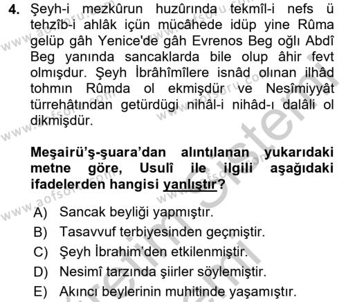 Eski Türk Edebiyatının Kaynaklarından Şair Tezkireleri Dersi 2016 - 2017 Yılı (Vize) Ara Sınavı 4. Soru