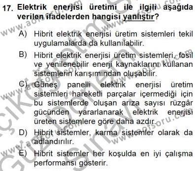 Elektrik Enerjisi Üretimi Dersi 2015 - 2016 Yılı (Final) Dönem Sonu Sınavı 17. Soru