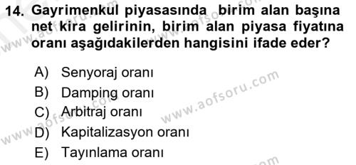 Gayrimenkul Ekonomisi Dersi 2018 - 2019 Yılı (Vize) Ara Sınavı 14. Soru