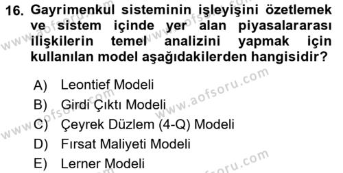 Gayrimenkul Ekonomisi Dersi 2018 - 2019 Yılı (Vize) Ara Sınavı 16. Soru