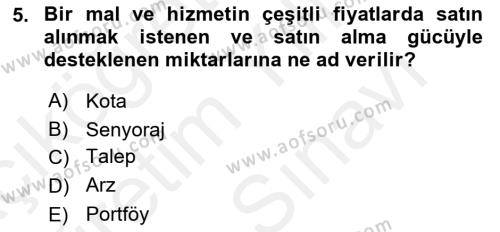 Gayrimenkul Ekonomisi Dersi 2018 - 2019 Yılı (Vize) Ara Sınavı 5. Soru