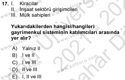 Gayrimenkul Ekonomisi Dersi 2021 - 2022 Yılı (Vize) Ara Sınavı 17. Soru