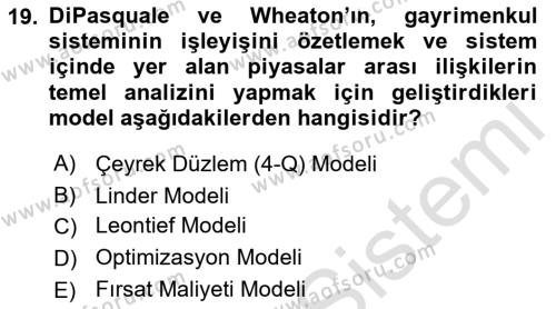 Gayrimenkul Ekonomisi Dersi 2021 - 2022 Yılı (Vize) Ara Sınavı 19. Soru