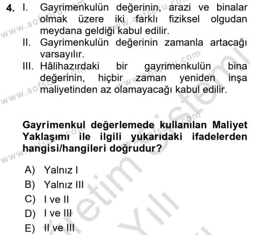 Gayrimenkul Ekonomisi Dersi 2021 - 2022 Yılı (Vize) Ara Sınavı 4. Soru