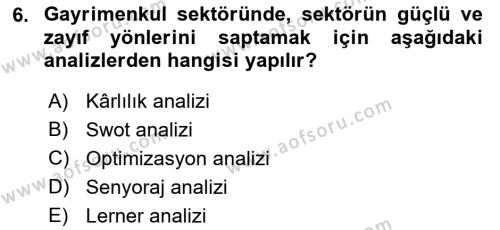 Gayrimenkul Ekonomisi Dersi 2021 - 2022 Yılı (Vize) Ara Sınavı 6. Soru