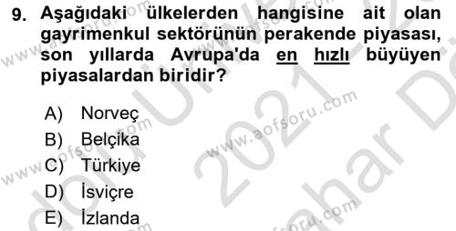 Gayrimenkul Ekonomisi Dersi 2021 - 2022 Yılı (Vize) Ara Sınavı 9. Soru