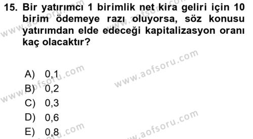 Gayrimenkul Ekonomisi Dersi 2023 - 2024 Yılı (Vize) Ara Sınavı 15. Soru