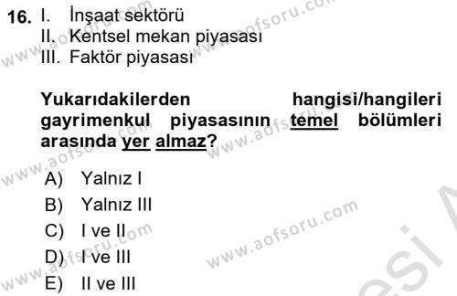 Gayrimenkul Ekonomisi Dersi 2023 - 2024 Yılı (Vize) Ara Sınavı 16. Soru