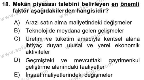 Gayrimenkul Ekonomisi Dersi 2023 - 2024 Yılı (Vize) Ara Sınavı 18. Soru