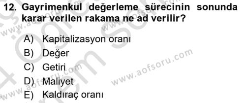 Gayrimenkul Ekonomisi Dersi 2023 - 2024 Yılı (Final) Dönem Sonu Sınavı 12. Soru