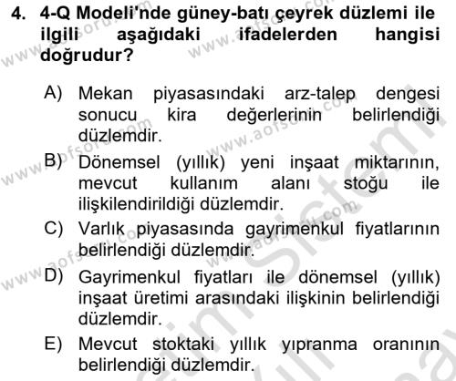 Gayrimenkul Ekonomisi Dersi 2023 - 2024 Yılı (Final) Dönem Sonu Sınavı 4. Soru