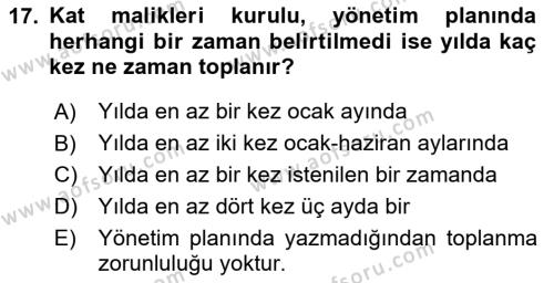 Bina ve Site Yöneticiliği Dersi 2023 - 2024 Yılı (Vize) Ara Sınavı 17. Soru