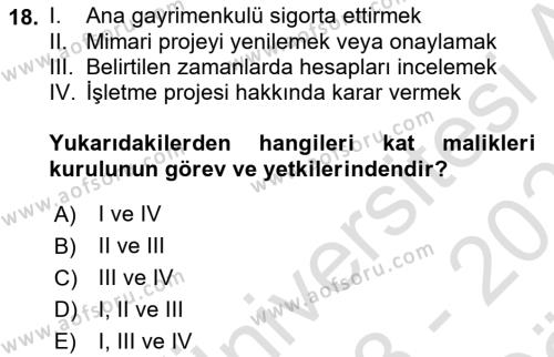 Bina ve Site Yöneticiliği Dersi 2023 - 2024 Yılı (Vize) Ara Sınavı 18. Soru