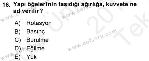 Bina ve Yapım Bilgisi Dersi 2015 - 2016 Yılı Tek Ders Sınavı 16. Soru