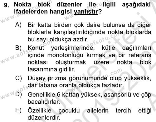 Bina ve Yapım Bilgisi Dersi 2019 - 2020 Yılı (Vize) Ara Sınavı 9. Soru