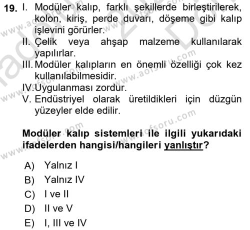 Bina ve Yapım Bilgisi Dersi 2021 - 2022 Yılı (Final) Dönem Sonu Sınavı 19. Soru