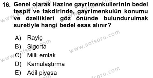 Emlak Finans ve Emlak Değerleme Dersi 2015 - 2016 Yılı Tek Ders Sınavı 16. Soru