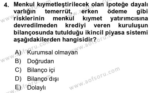 Emlak Finans ve Emlak Değerleme Dersi 2015 - 2016 Yılı Tek Ders Sınavı 4. Soru