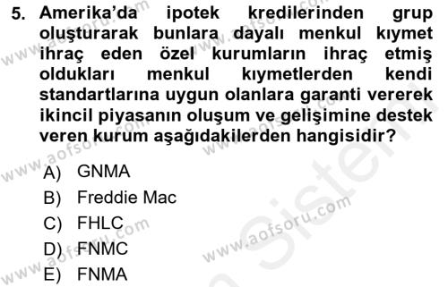 Emlak Finans ve Emlak Değerleme Dersi 2015 - 2016 Yılı Tek Ders Sınavı 5. Soru