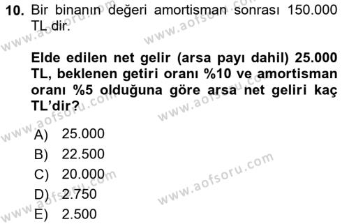 Emlak Finans ve Emlak Değerleme Dersi 2021 - 2022 Yılı (Final) Dönem Sonu Sınavı 10. Soru