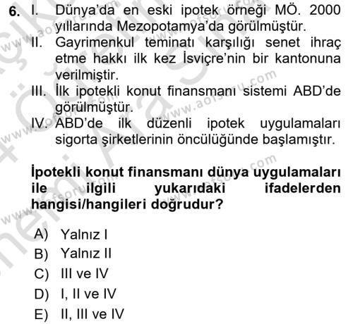 Emlak Finans ve Emlak Değerleme Dersi 2023 - 2024 Yılı (Vize) Ara Sınavı 6. Soru