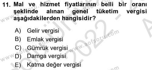 Gayrimenkullerde Vergilendirme Dersi 2022 - 2023 Yılı (Vize) Ara Sınavı 11. Soru