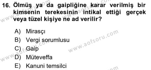 Gayrimenkullerde Vergilendirme Dersi 2022 - 2023 Yılı (Vize) Ara Sınavı 16. Soru