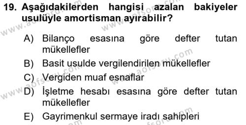 Gayrimenkullerde Vergilendirme Dersi 2022 - 2023 Yılı (Final) Dönem Sonu Sınavı 19. Soru