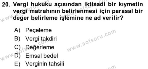 Gayrimenkullerde Vergilendirme Dersi 2022 - 2023 Yılı (Final) Dönem Sonu Sınavı 20. Soru