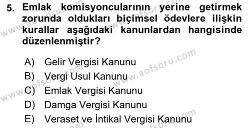 Gayrimenkullerde Vergilendirme Dersi 2022 - 2023 Yılı (Final) Dönem Sonu Sınavı 5. Soru