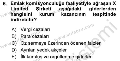 Gayrimenkullerde Vergilendirme Dersi 2022 - 2023 Yılı (Final) Dönem Sonu Sınavı 6. Soru