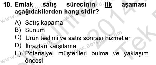 Emlak Yönetimi ve Pazarlaması Dersi 2014 - 2015 Yılı Tek Ders Sınavı 10. Soru