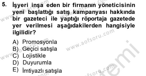 Emlak Yönetimi ve Pazarlaması Dersi 2014 - 2015 Yılı Tek Ders Sınavı 5. Soru