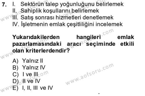 Emlak Yönetimi ve Pazarlaması Dersi 2014 - 2015 Yılı Tek Ders Sınavı 7. Soru