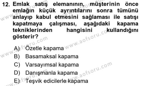 Emlak Yönetimi ve Pazarlaması Dersi 2020 - 2021 Yılı Yaz Okulu Sınavı 12. Soru